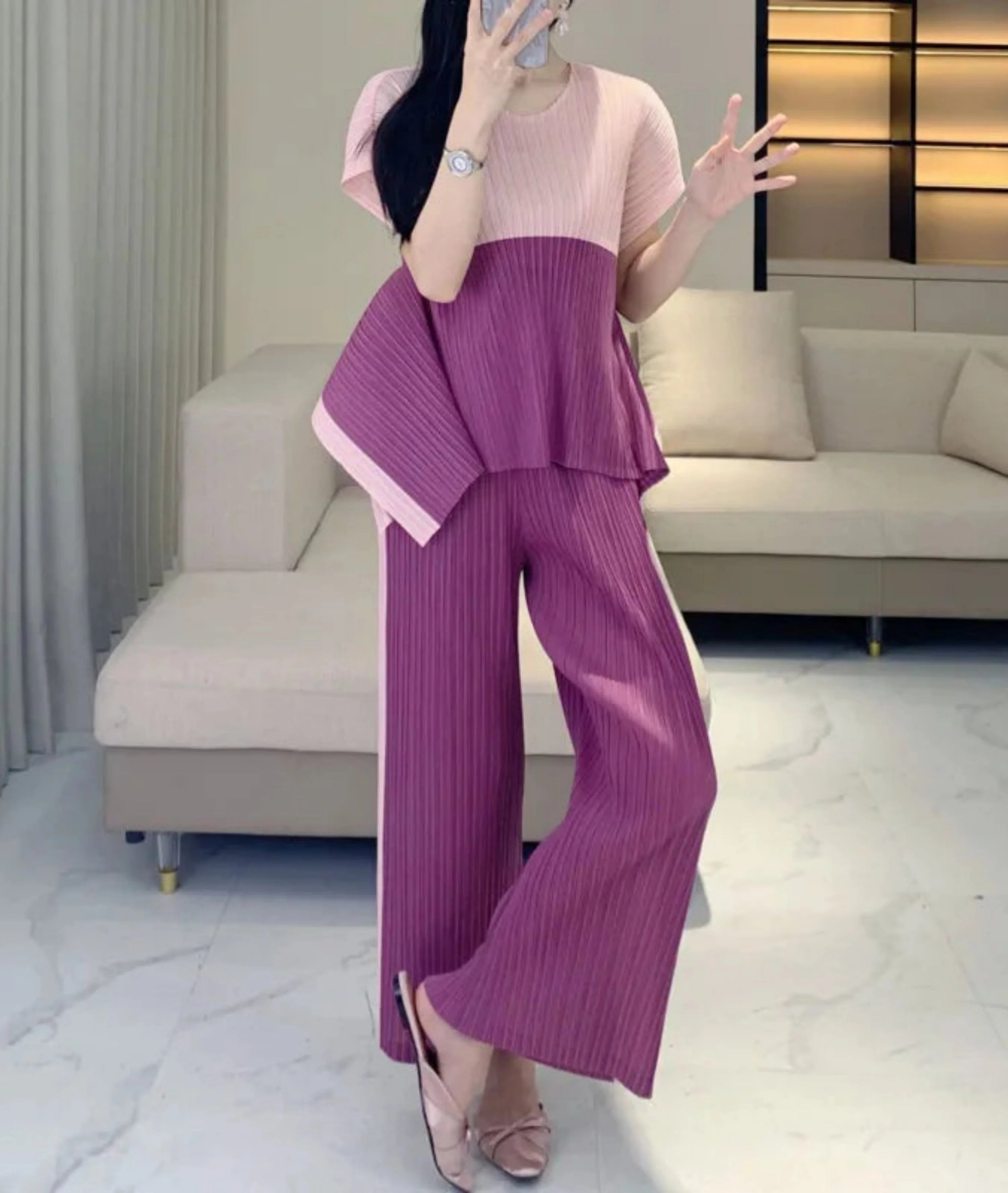 Geometric Pleated Top & Pants Set