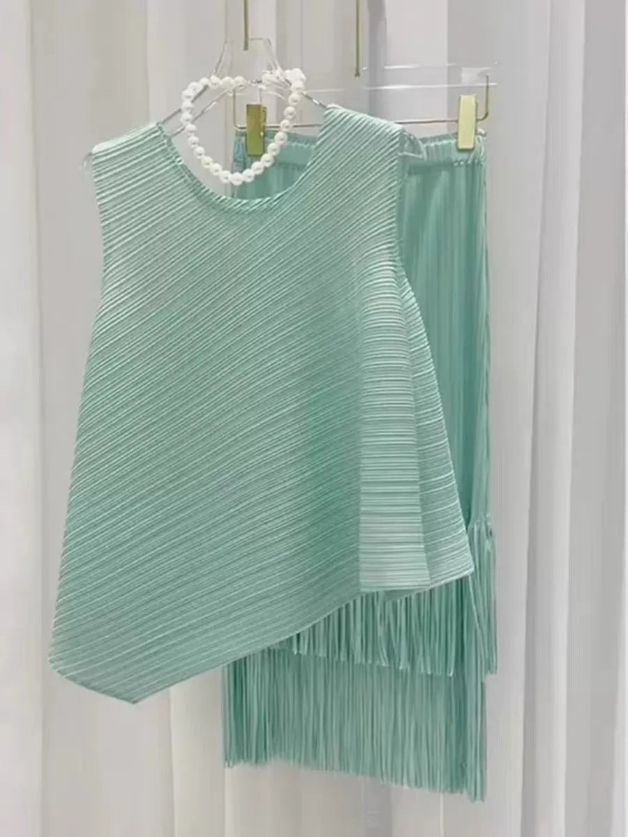 Luxury Plissé Pleated Tassel Skirt Set