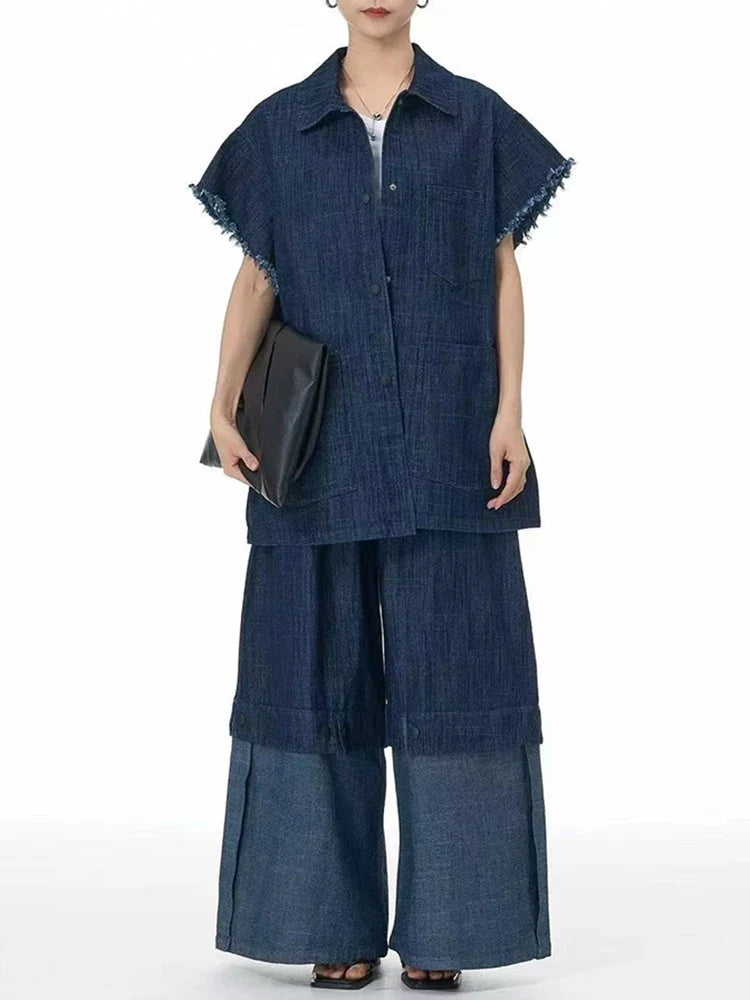 Cotton Denim Wide-Leg Pants with Elastic Waistband