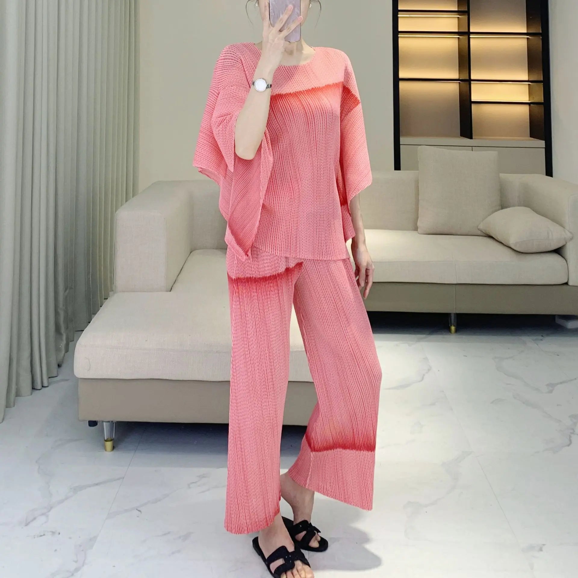 Luxe Japanese Pleats Pull-On Pants & Top Co-Ord Set