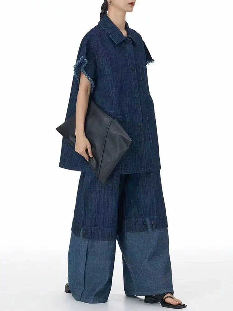 Cotton Denim Wide-Leg Pants with Elastic Waistband