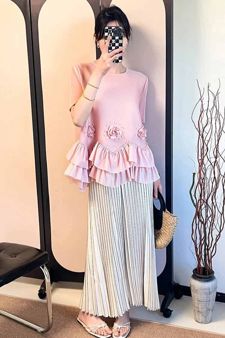 Floral Plissé Ruffle Blouse Top