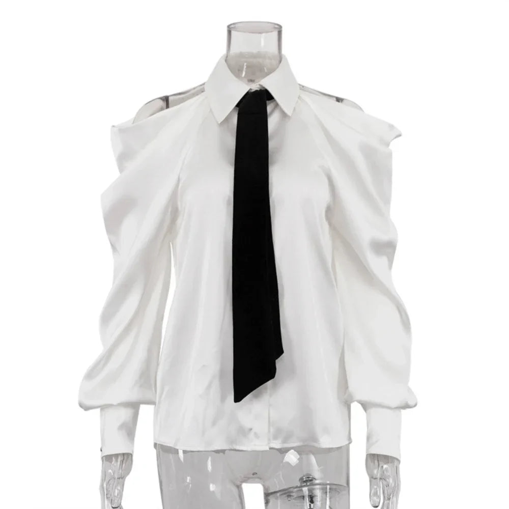 Satin Top with Dramatic Black Tie