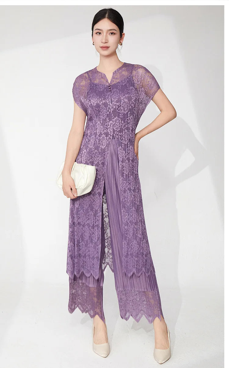 2-Piece Lace Pleated Palazzo Pants Outfit