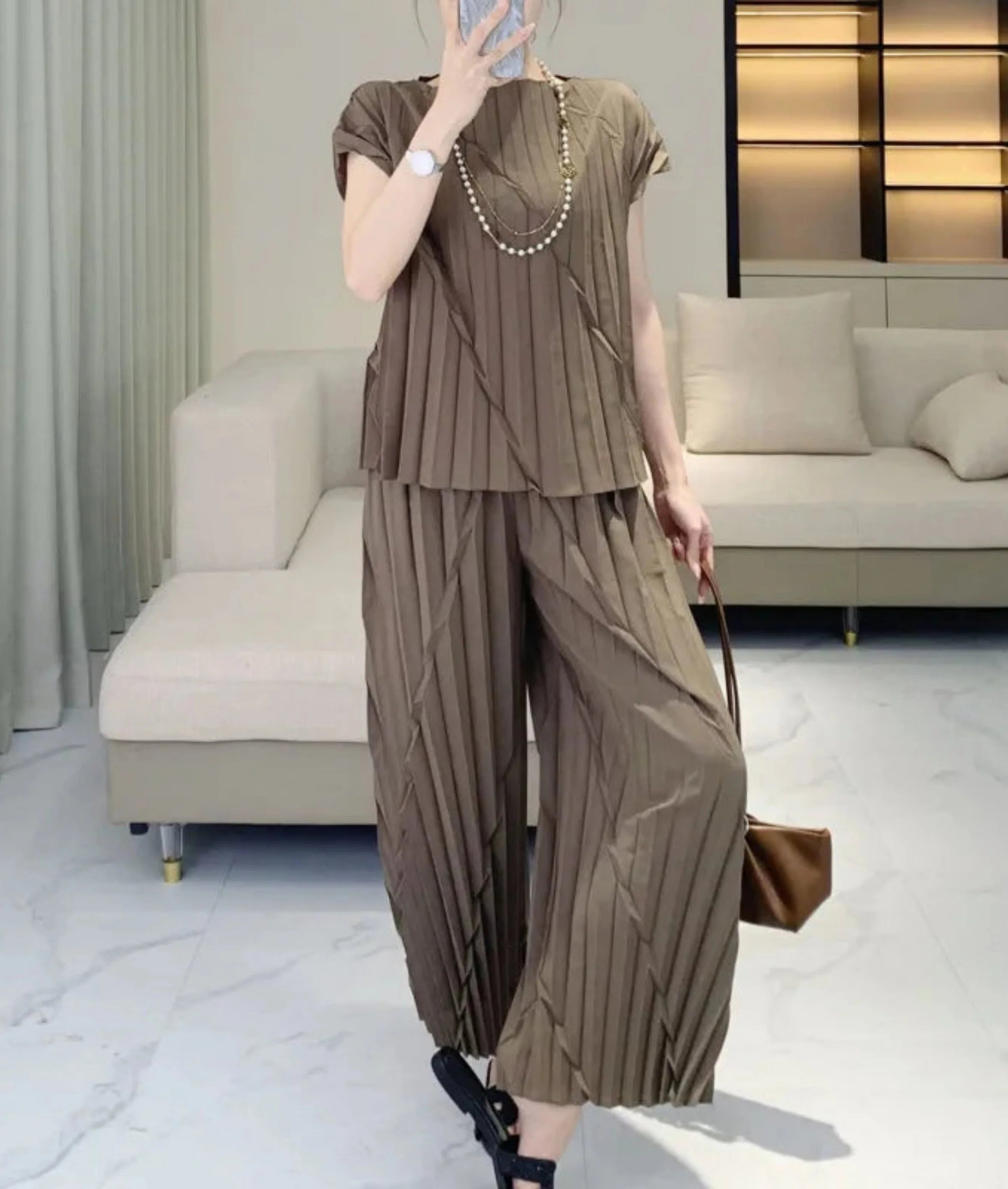 Pleated Vertical Wide Leg Set