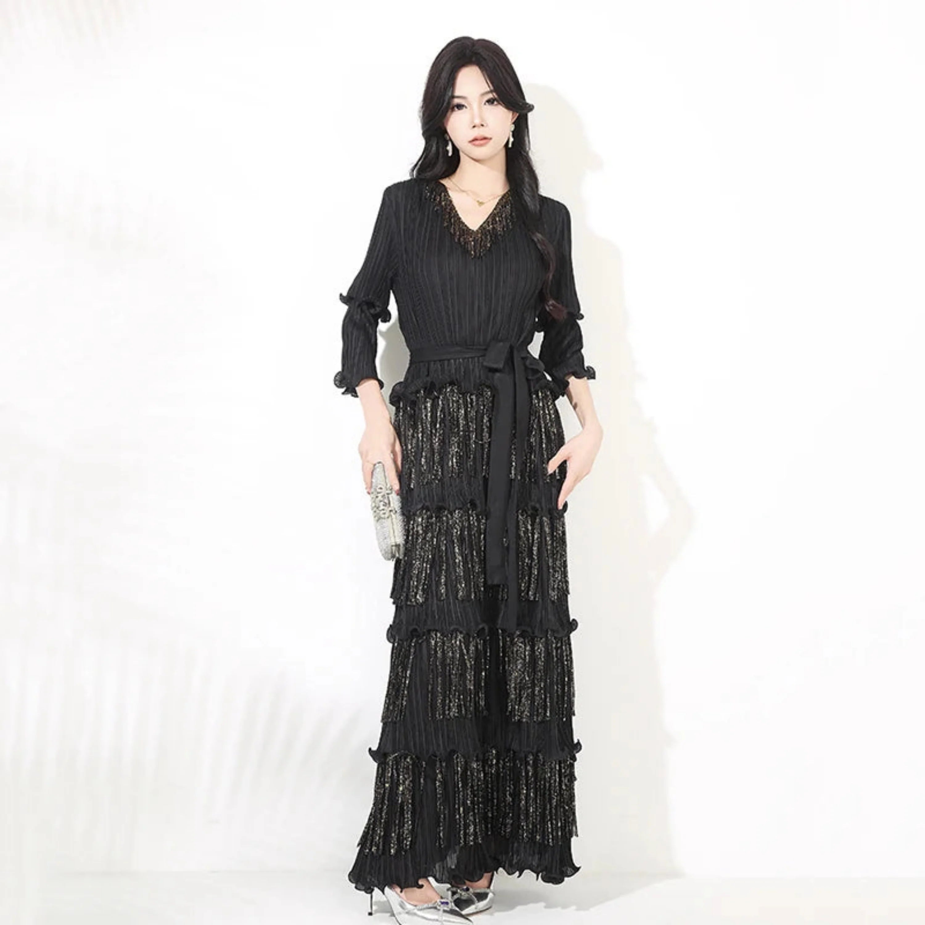 Plissé Japanese Fringe Midi Dress