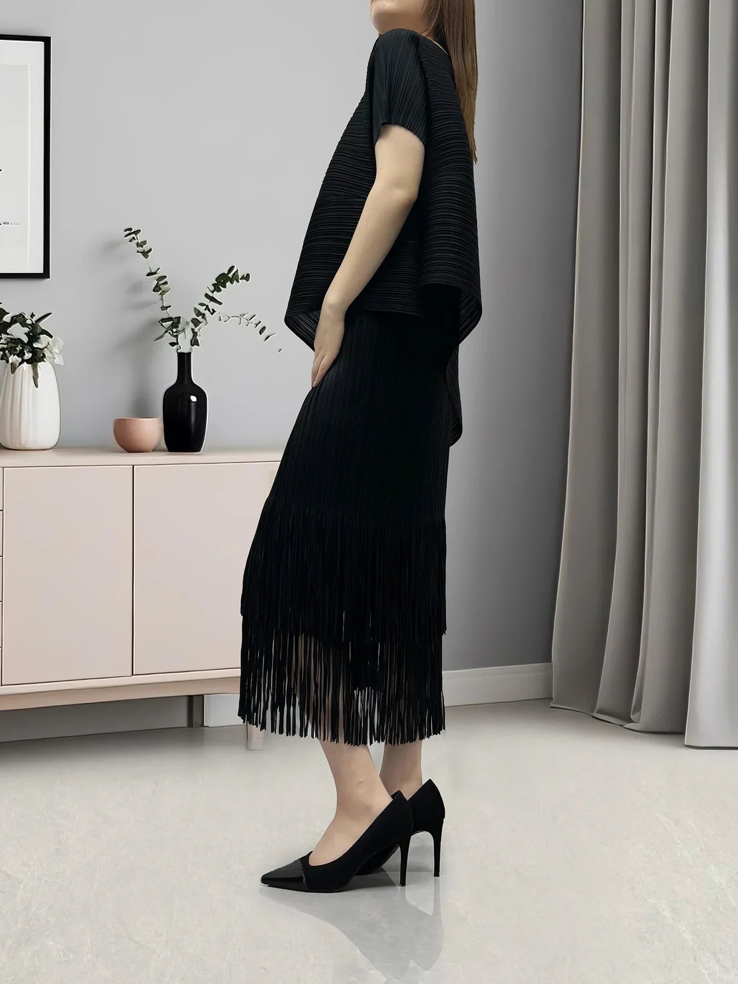 Asymmetric Pleated Fringe Skirt Set