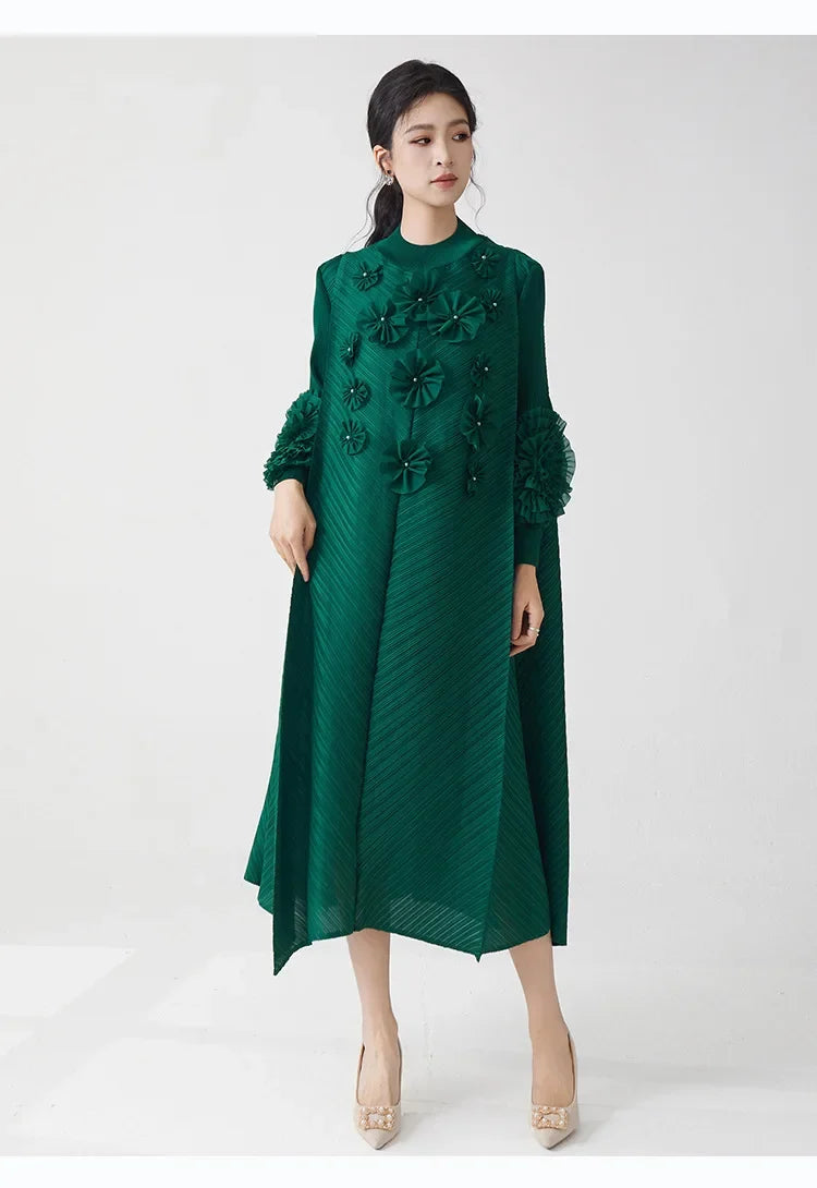 Luxe Plissé Pleated Floral Long Sleeve Dress