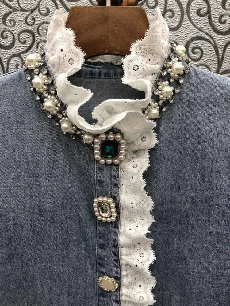 Luxe Ruffled Gemstone Denim Blouse