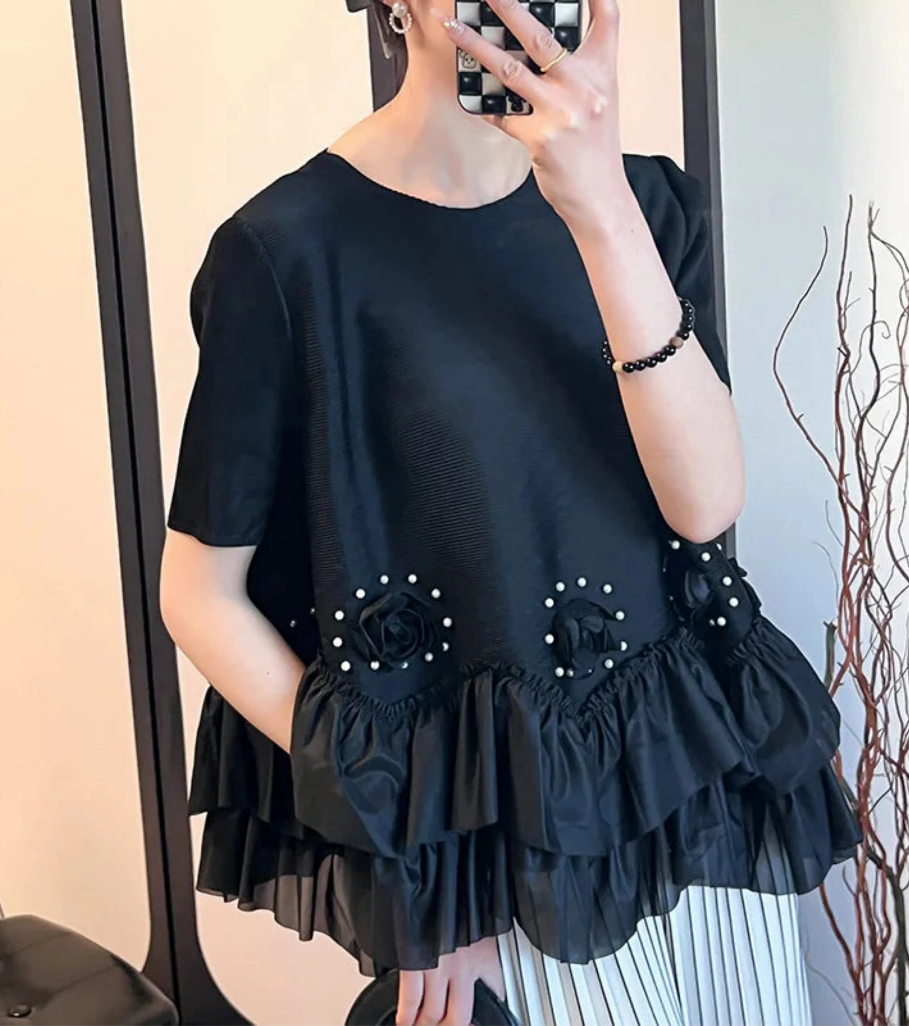 Floral Plissé Ruffle Blouse Top