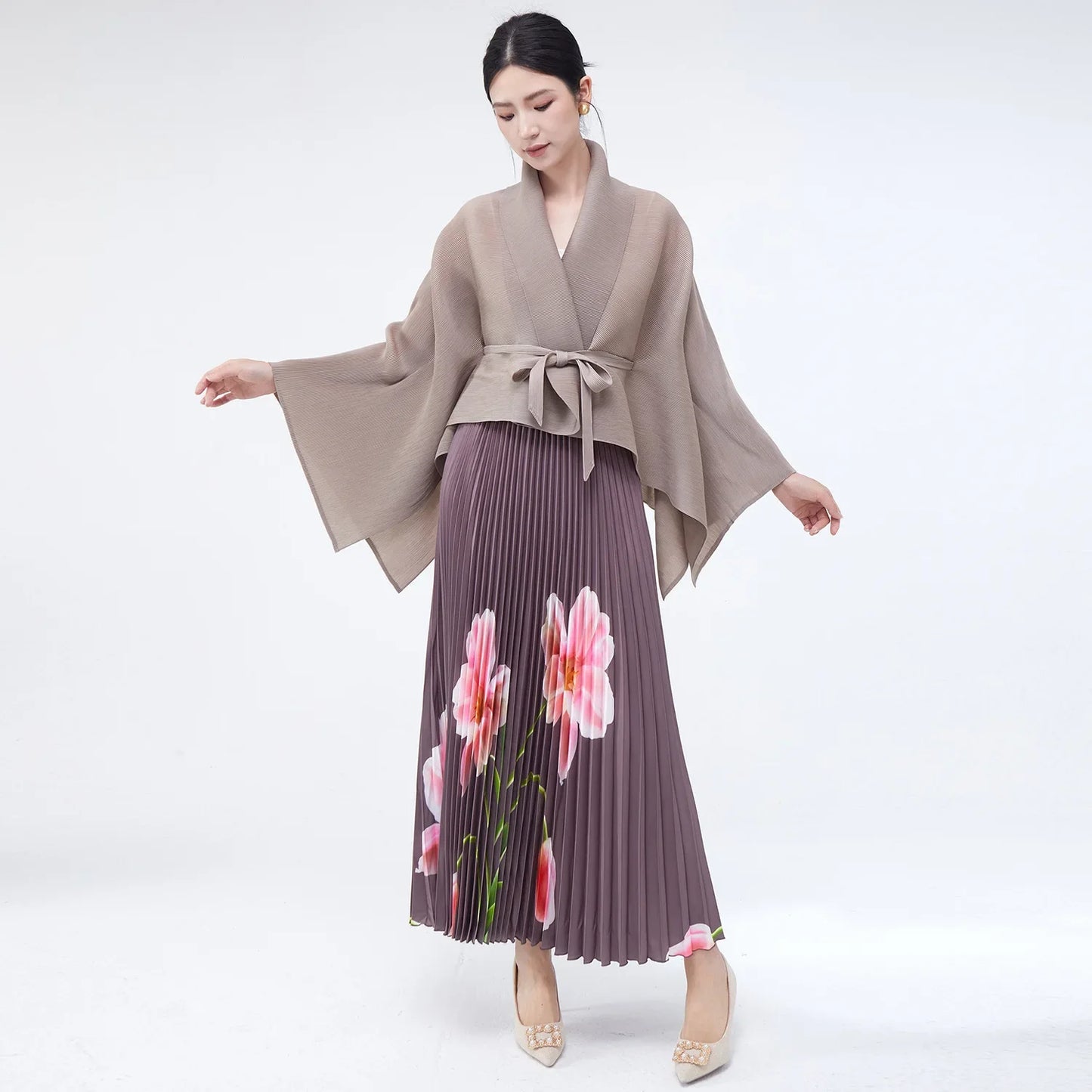 Luxury Floral Print Pleated Skirt and Top Set