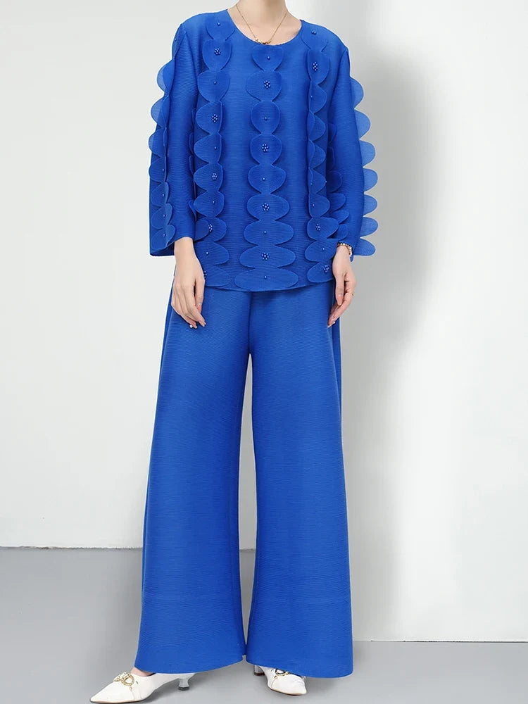 Casual Pleated Wide-Leg Trouser Set