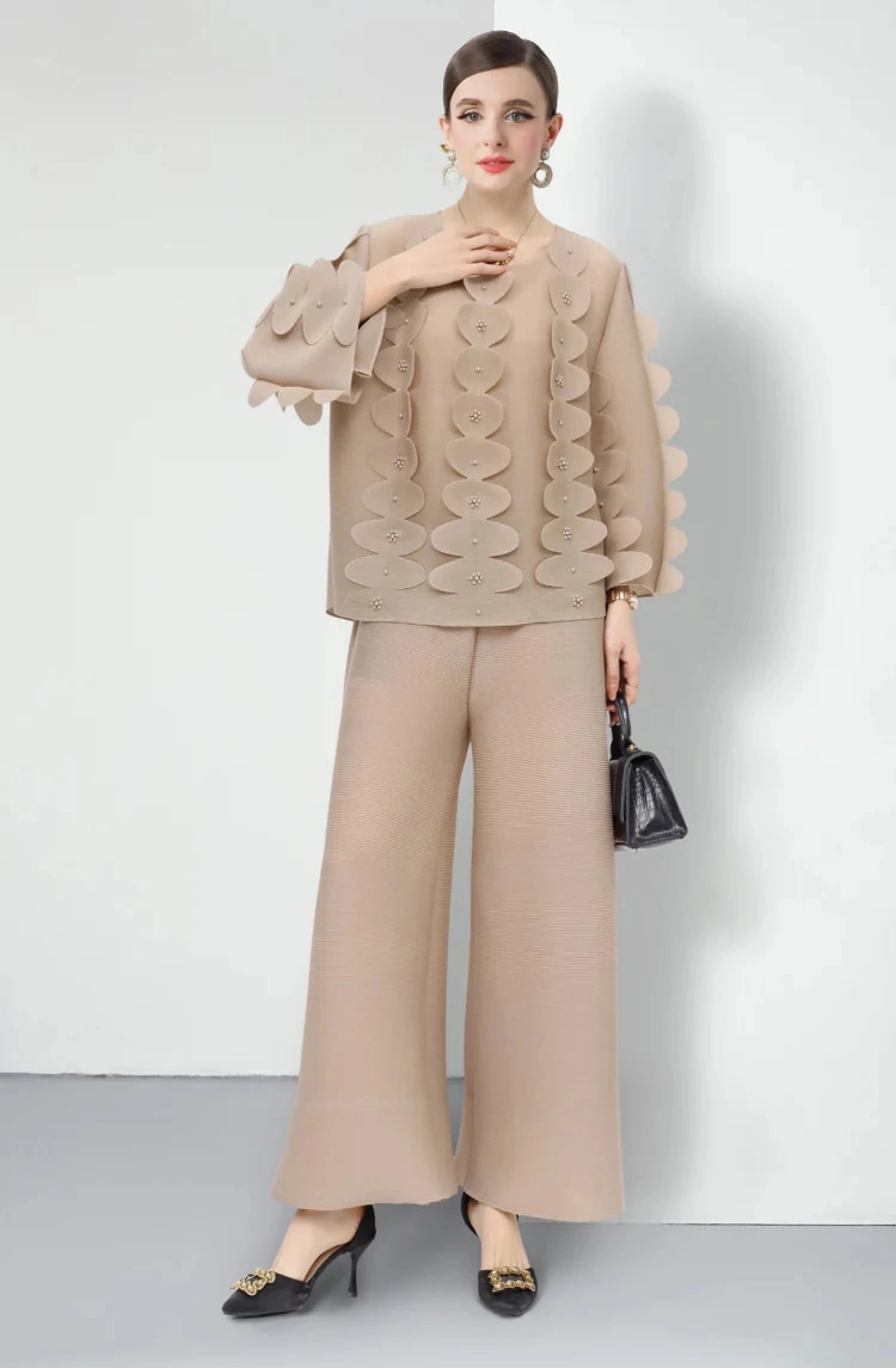 Casual Pleated Wide-Leg Trouser Set