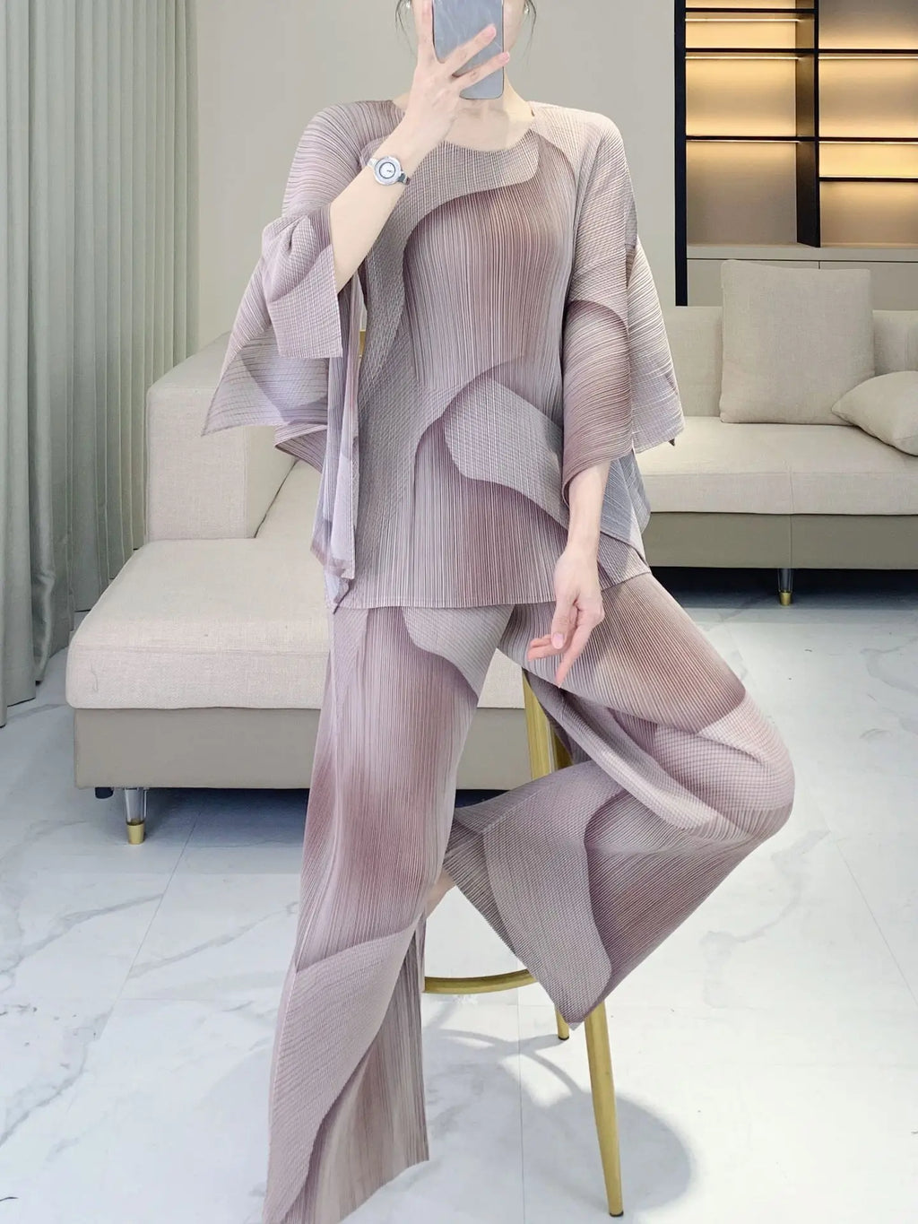 Luxe Japanese Pleats Pull-On Pants & Top Co-Ord Set