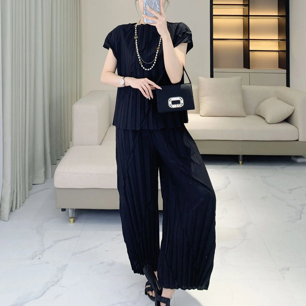 Pleated Vertical Wide Leg Set