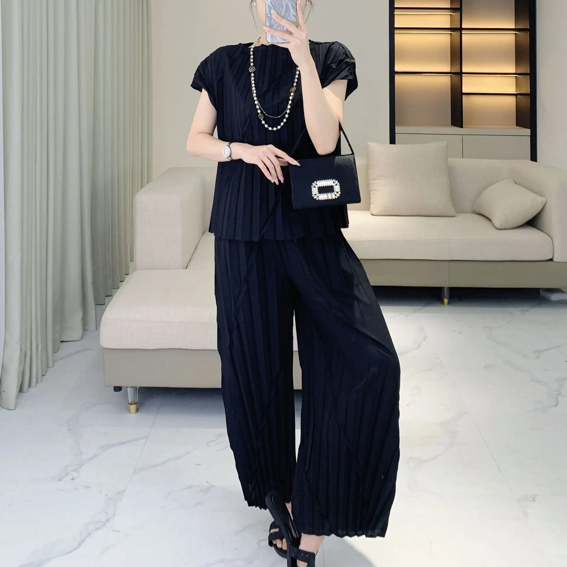 Pleated Vertical Wide Leg Set