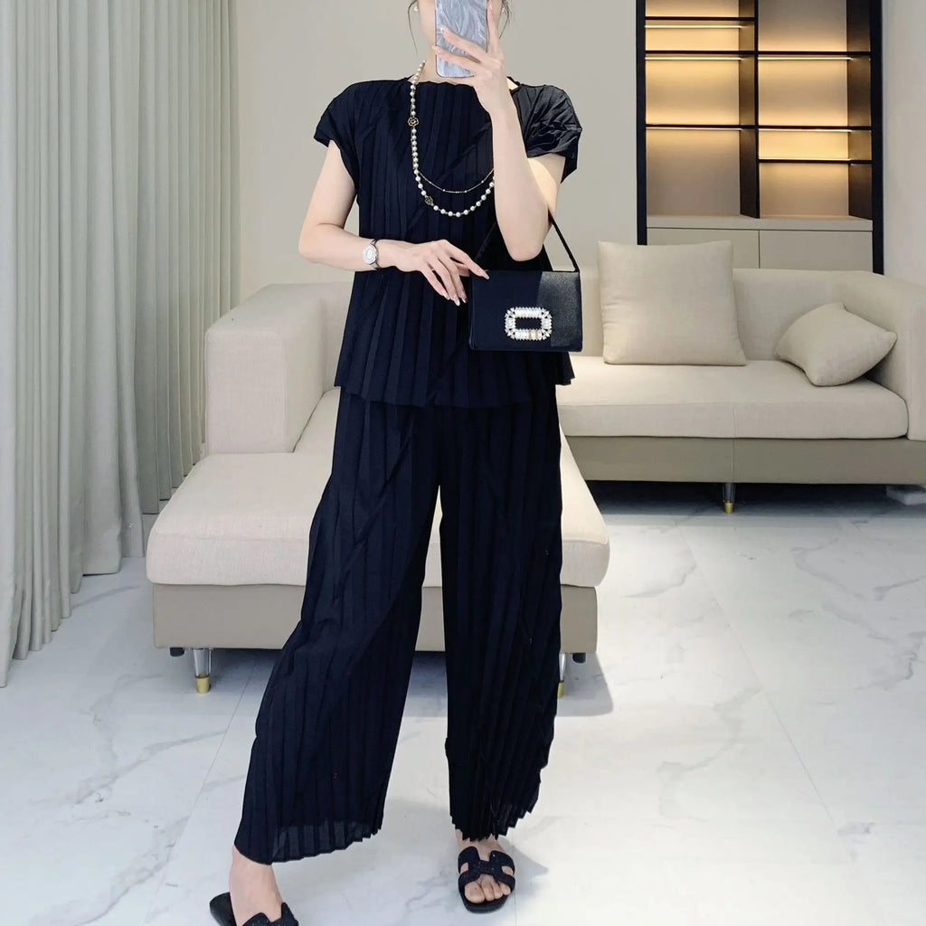 Pleated Vertical Wide Leg Set