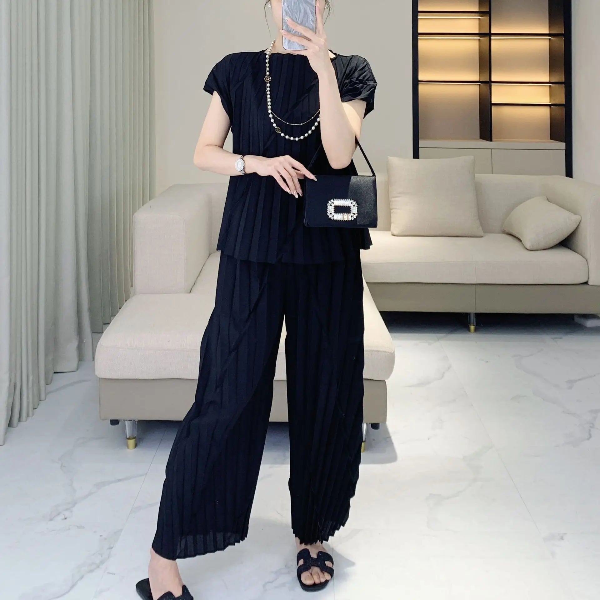Pleated Vertical Wide Leg Set