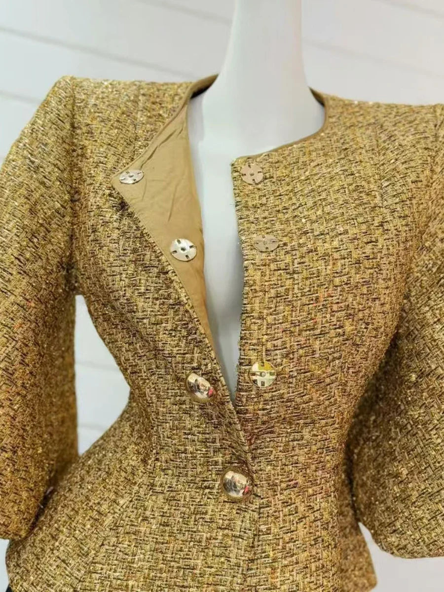Women's Gold Metallic Tweed Peplum Jacket