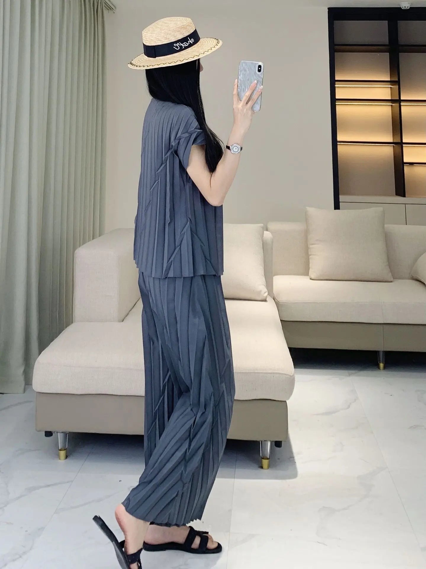 Pleated Vertical Wide Leg Set