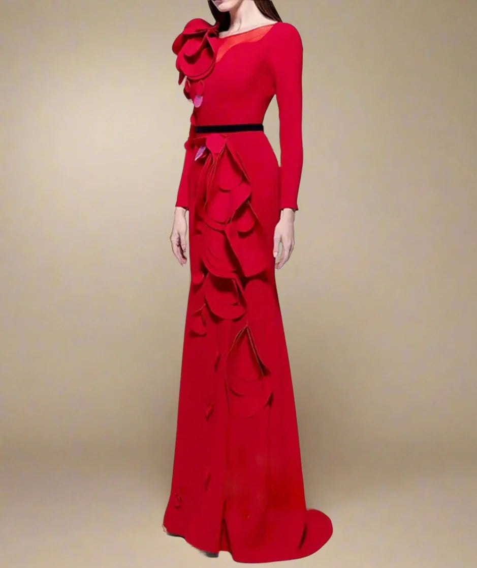 Couture Ruffled Rosette Maxi Dress