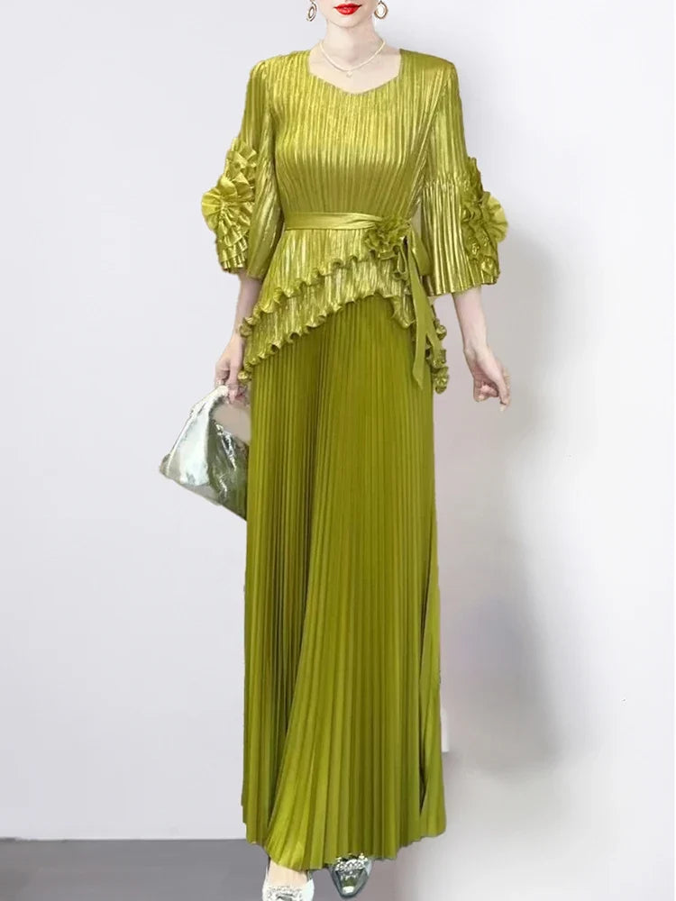 Pleated Metallic Top and Skirt Evening Formal Set