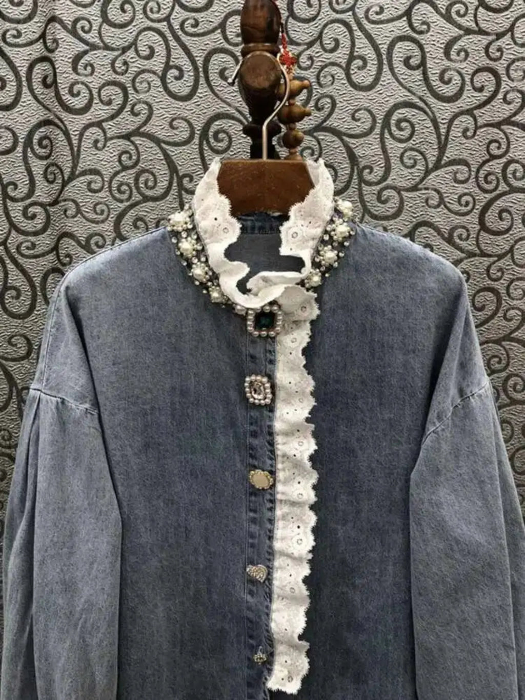 Luxe Ruffled Gemstone Denim Blouse