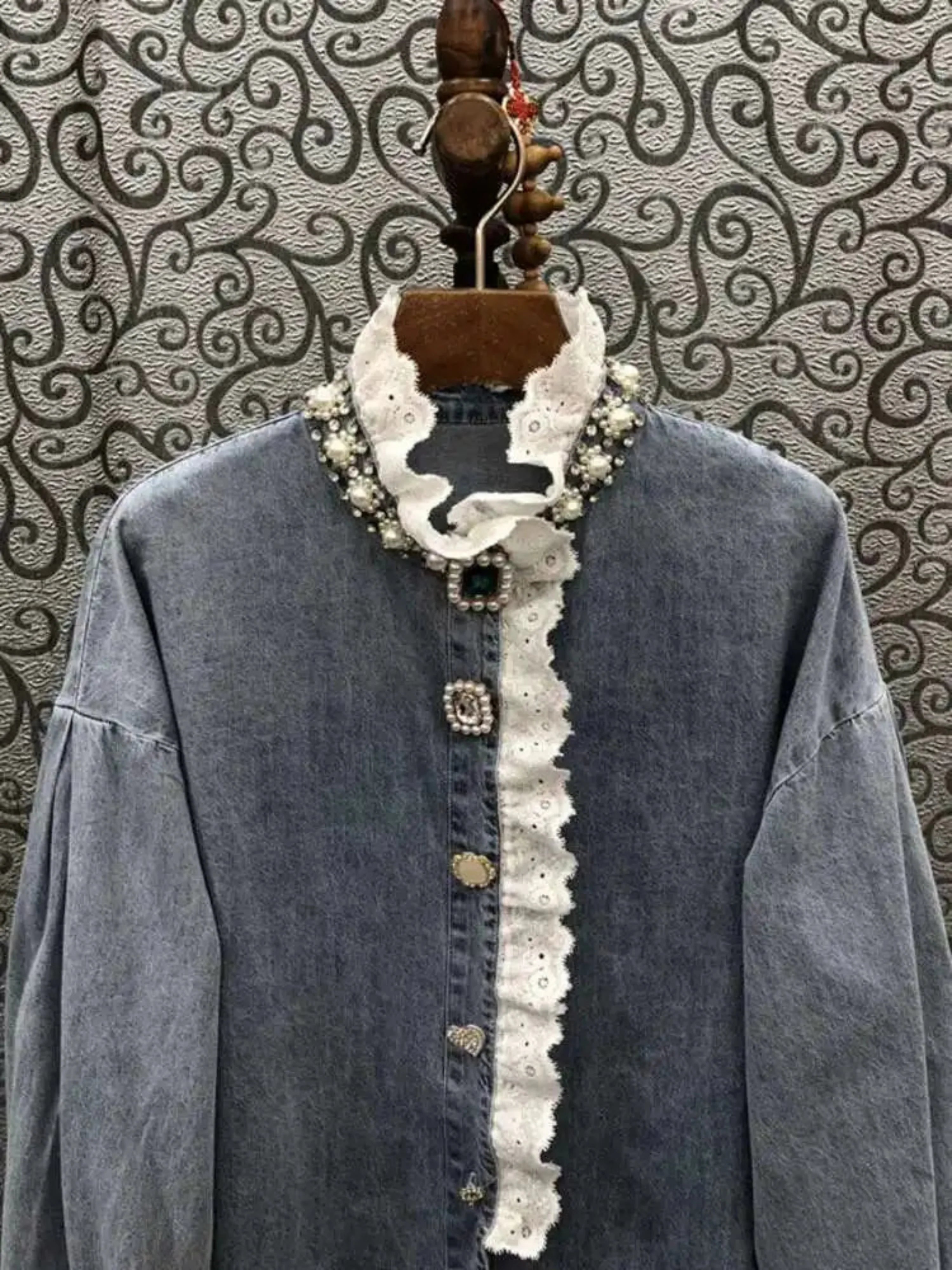 Luxe Ruffled Gemstone Denim Blouse