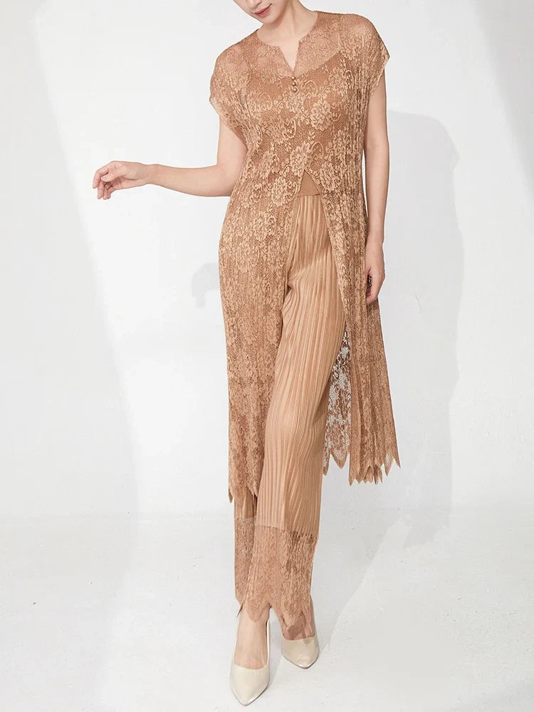 2-Piece Lace Pleated Palazzo Pants Outfit