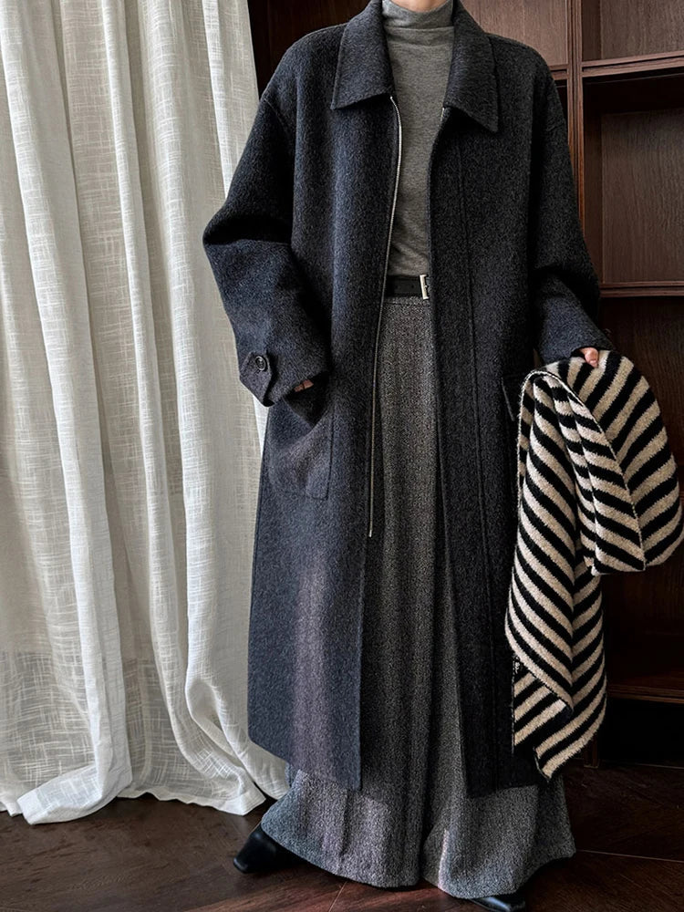 Luxe Oversized Cocoon Wool Zip-Up Long Coat