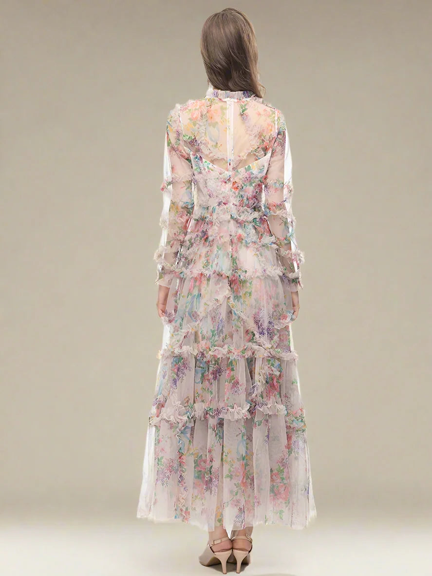 Elegant High Neck Ruffled Floral Midi Dress