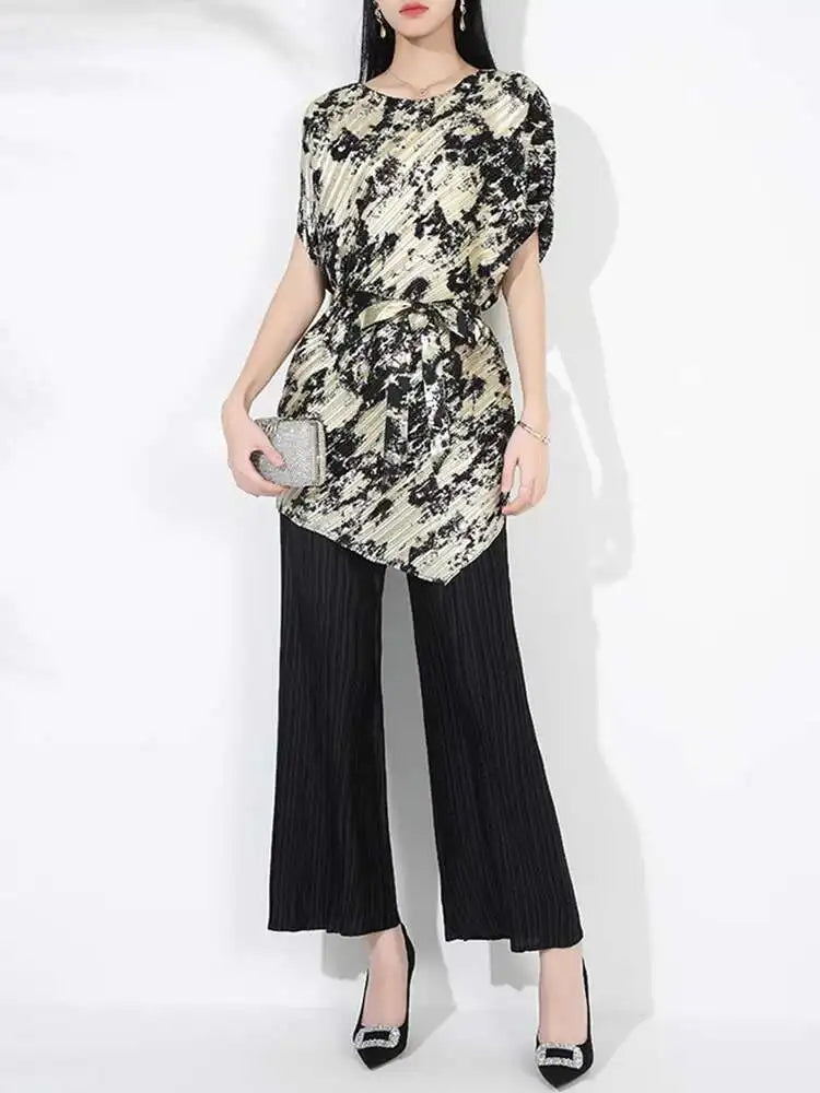 Gold Pleated Top & Pant Set