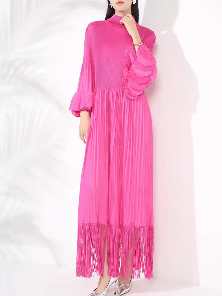 Pleated Long Sleeve Midi Dress with Tassels