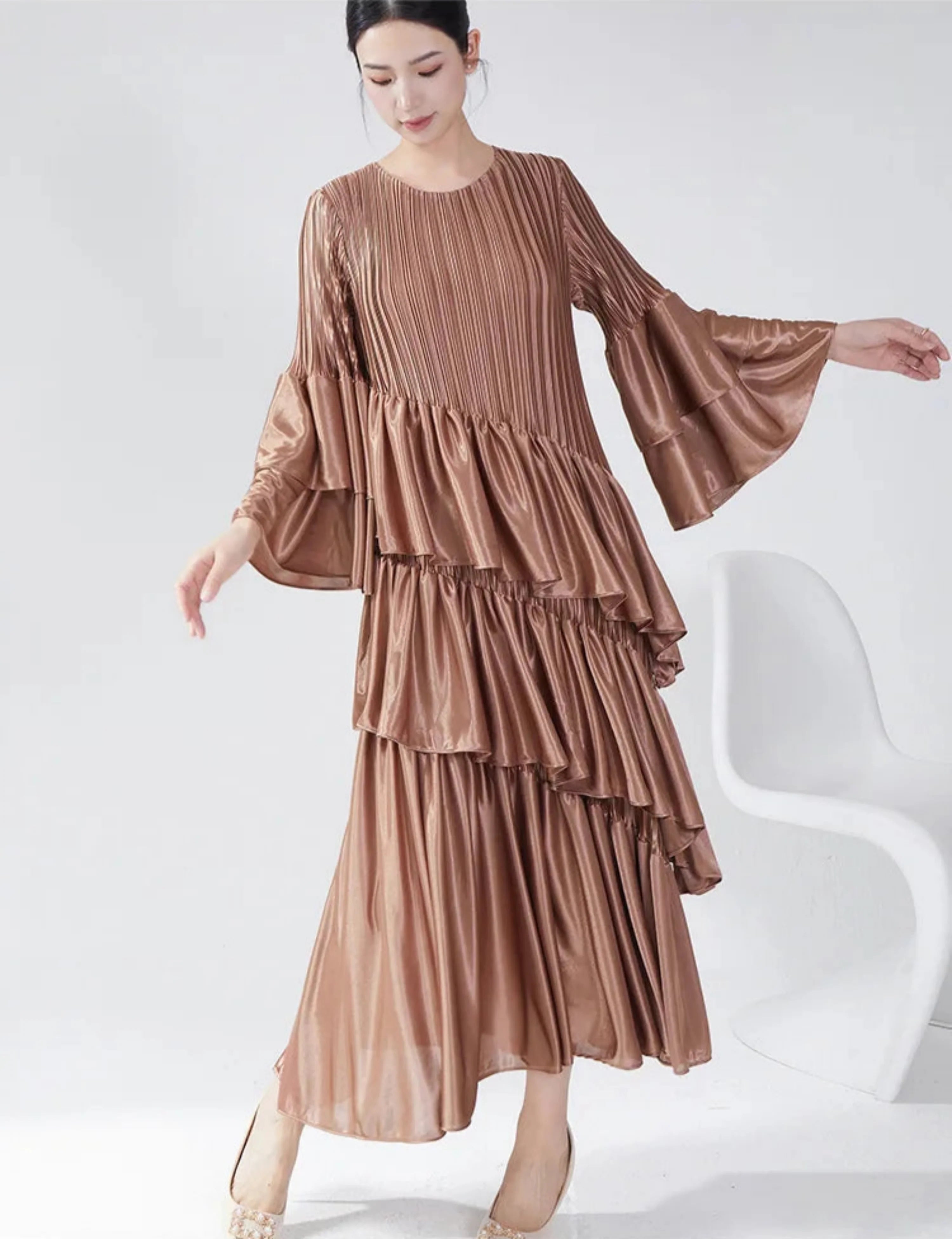 Truly Plissé Ruffle Sleeve Dress