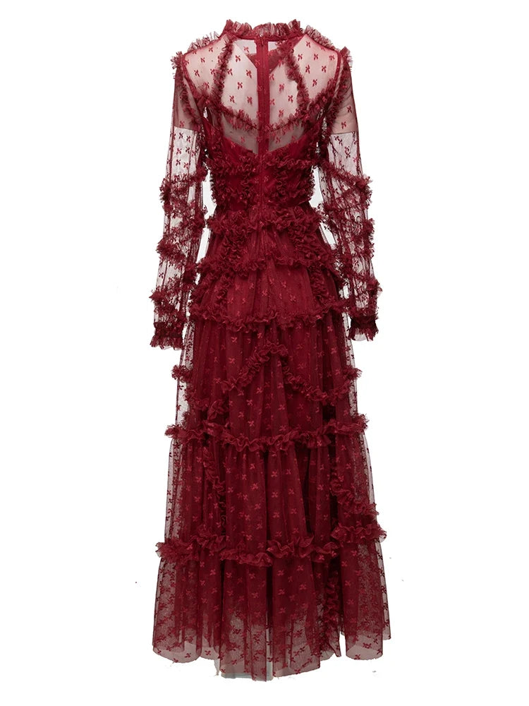 Wine Red Ruffle Mesh Midi Dress