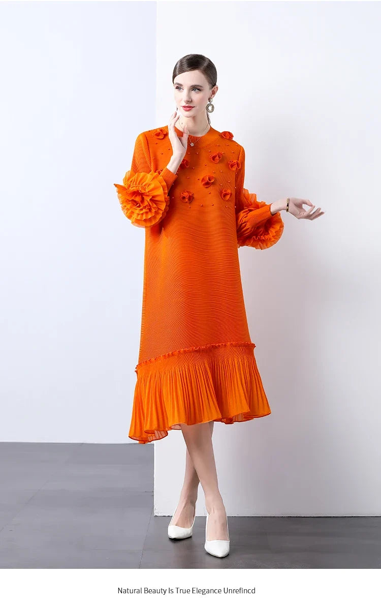 Cocktail Party Dress - Pleated Midi, Statement Sleeves