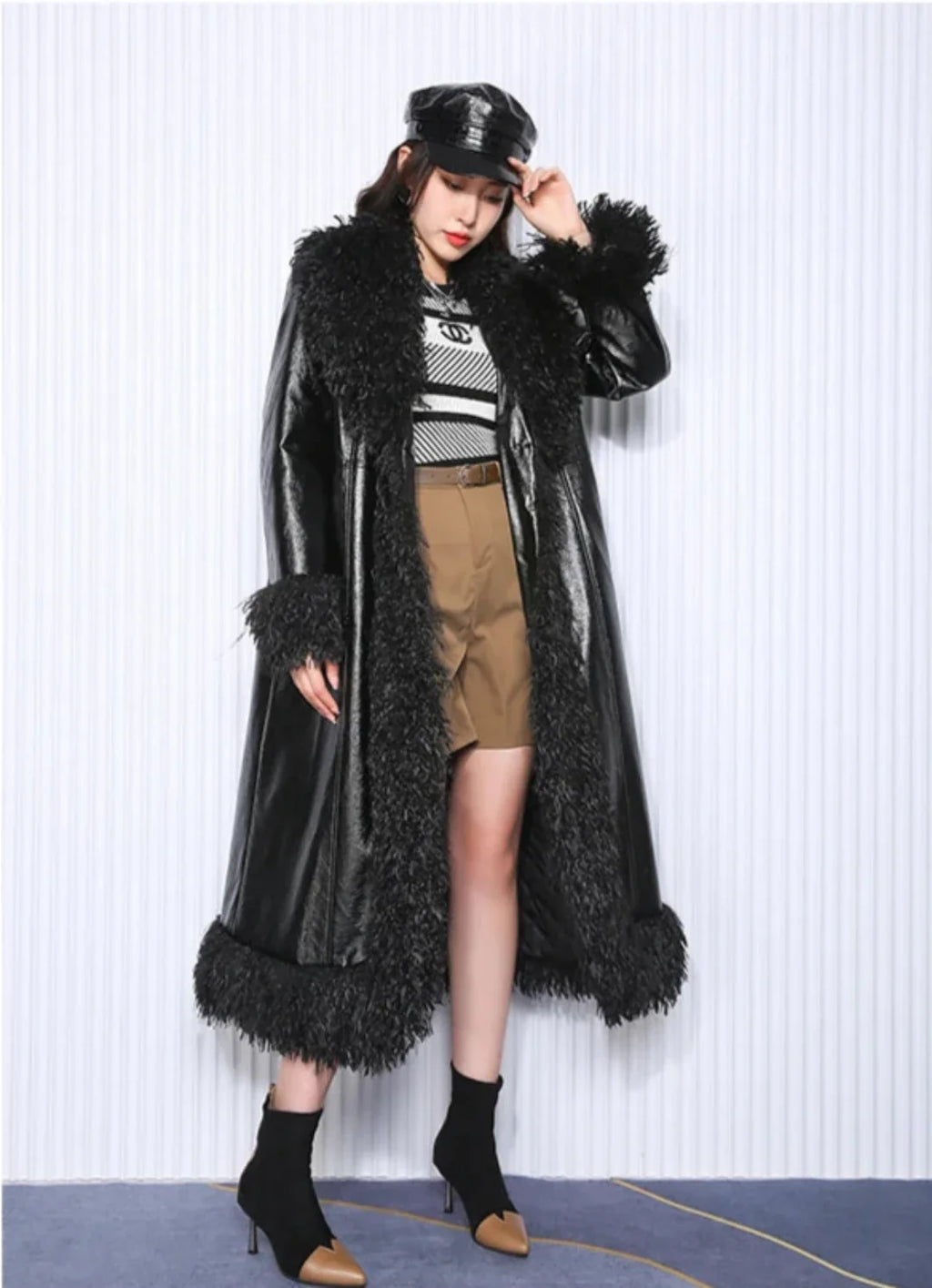 Couture Vegan Leather Trench with Shaggy Fur