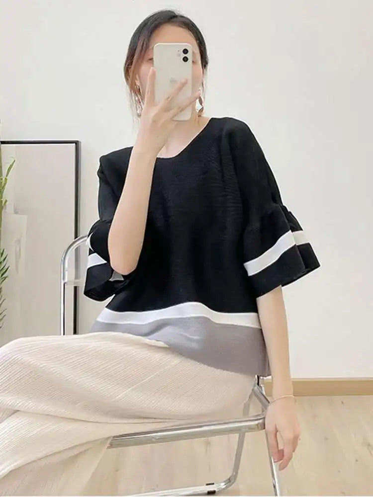 Truly Pleated Stripe 3/4 Sleeve Top