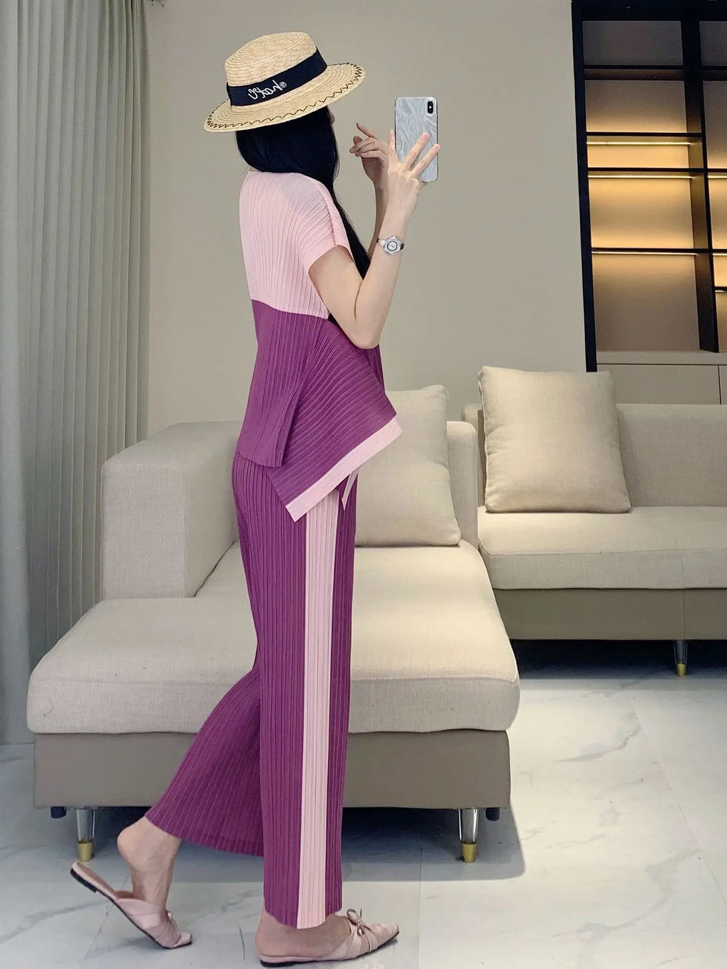 Geometric Pleated Top & Pants Set
