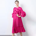 Cocktail Party Dress - Pleated Midi, Statement Sleeves