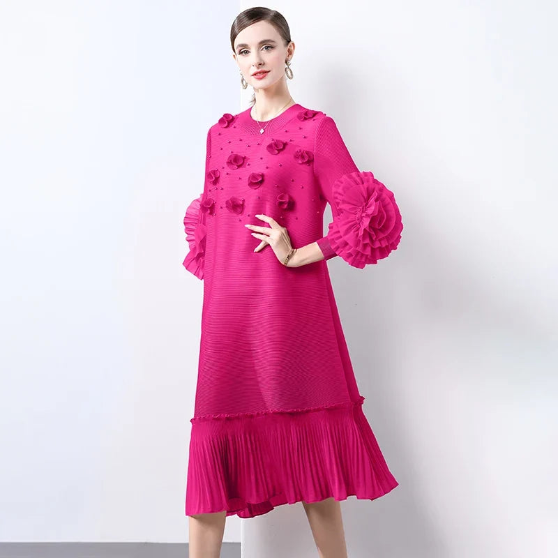 Cocktail Party Dress - Pleated Midi, Statement Sleeves