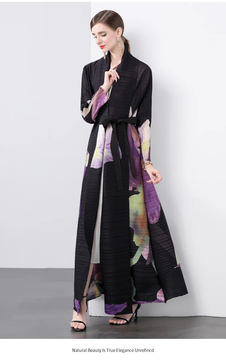 Women's Luxe Pink Floral Pleated Long Coat