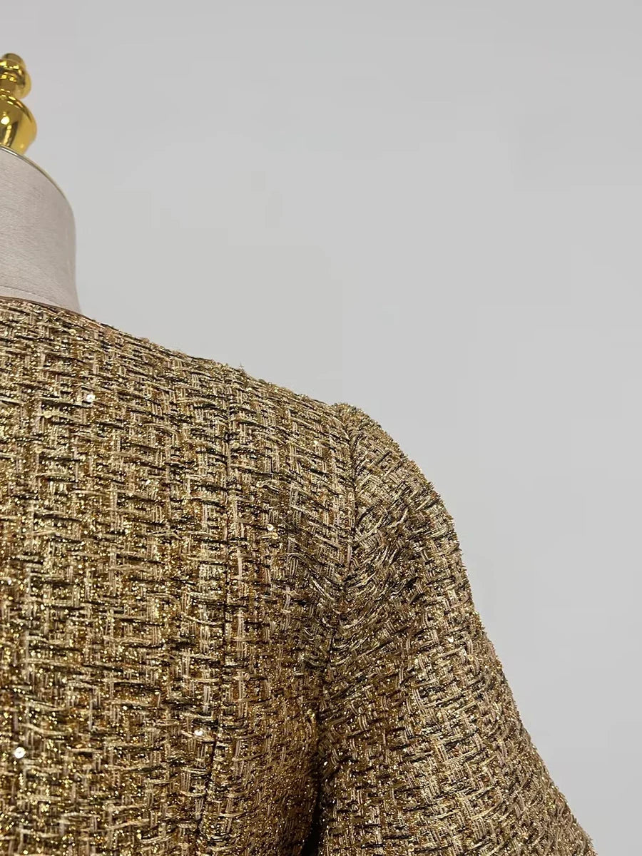 Women's Gold Metallic Tweed Peplum Jacket
