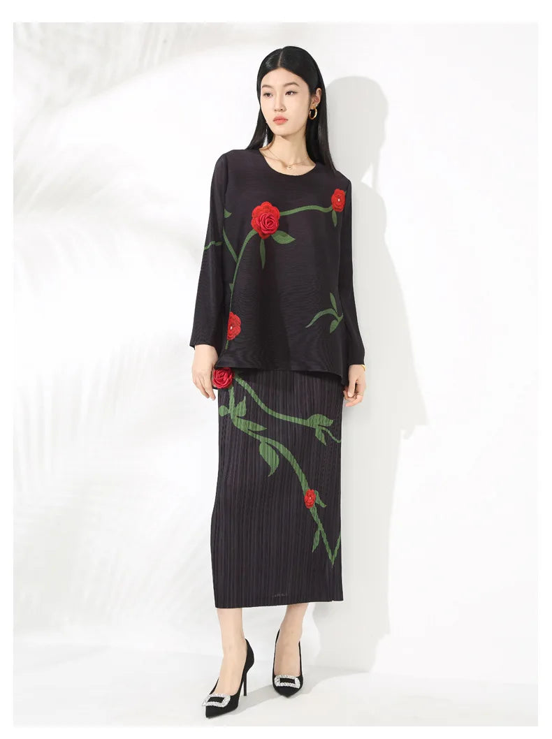 Luxe Feminine Rose Top & Pleated Skirt Set