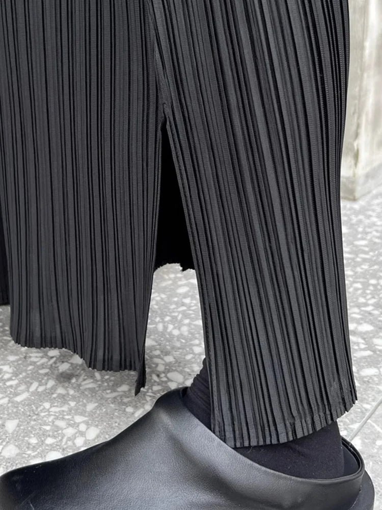 Asymmetric Wide-Leg Pleated Elastic Waist Trousers