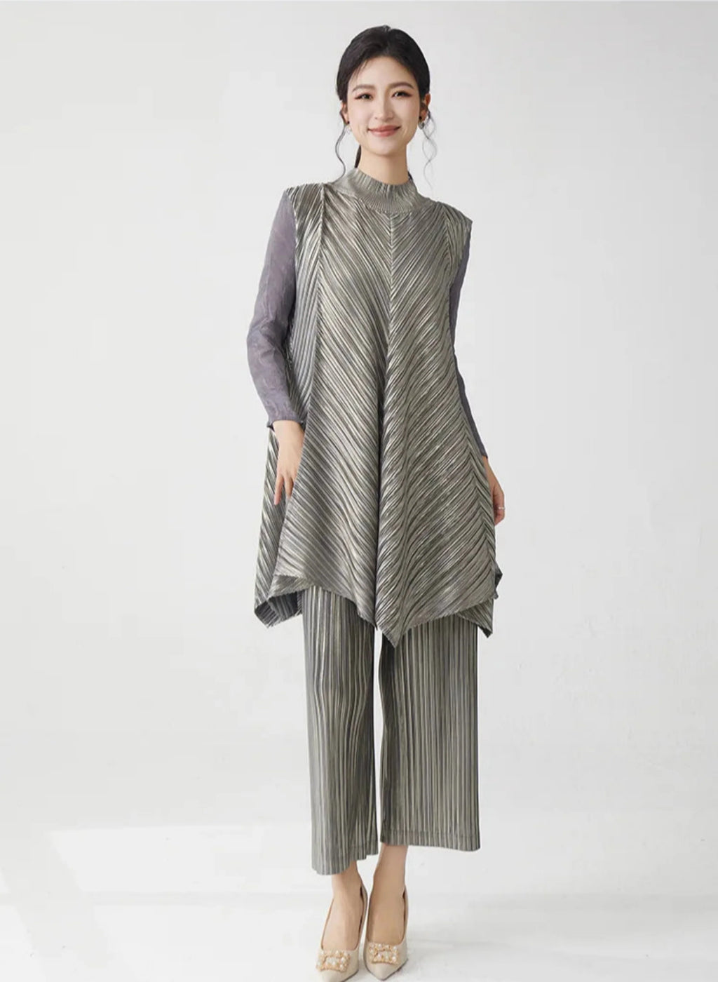 Metallic Pleated Tunic Top & Wide Leg Pants Set
