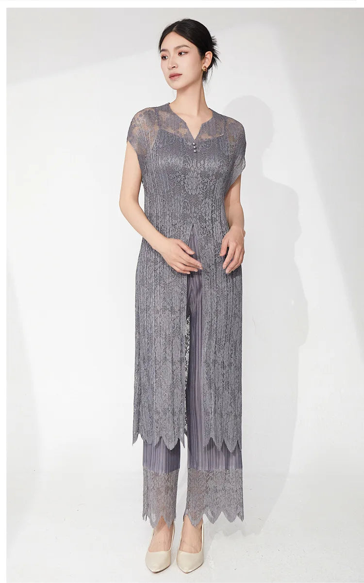 2-Piece Lace Pleated Palazzo Pants Outfit