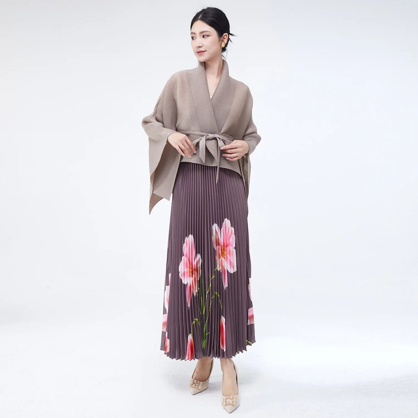 Luxury Floral Print Pleated Skirt and Top Set