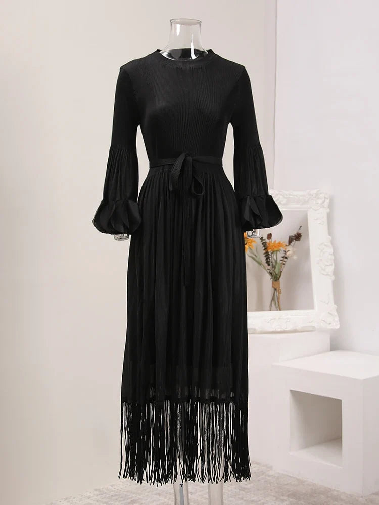 Elegant Fringe Hem Plissé Dress