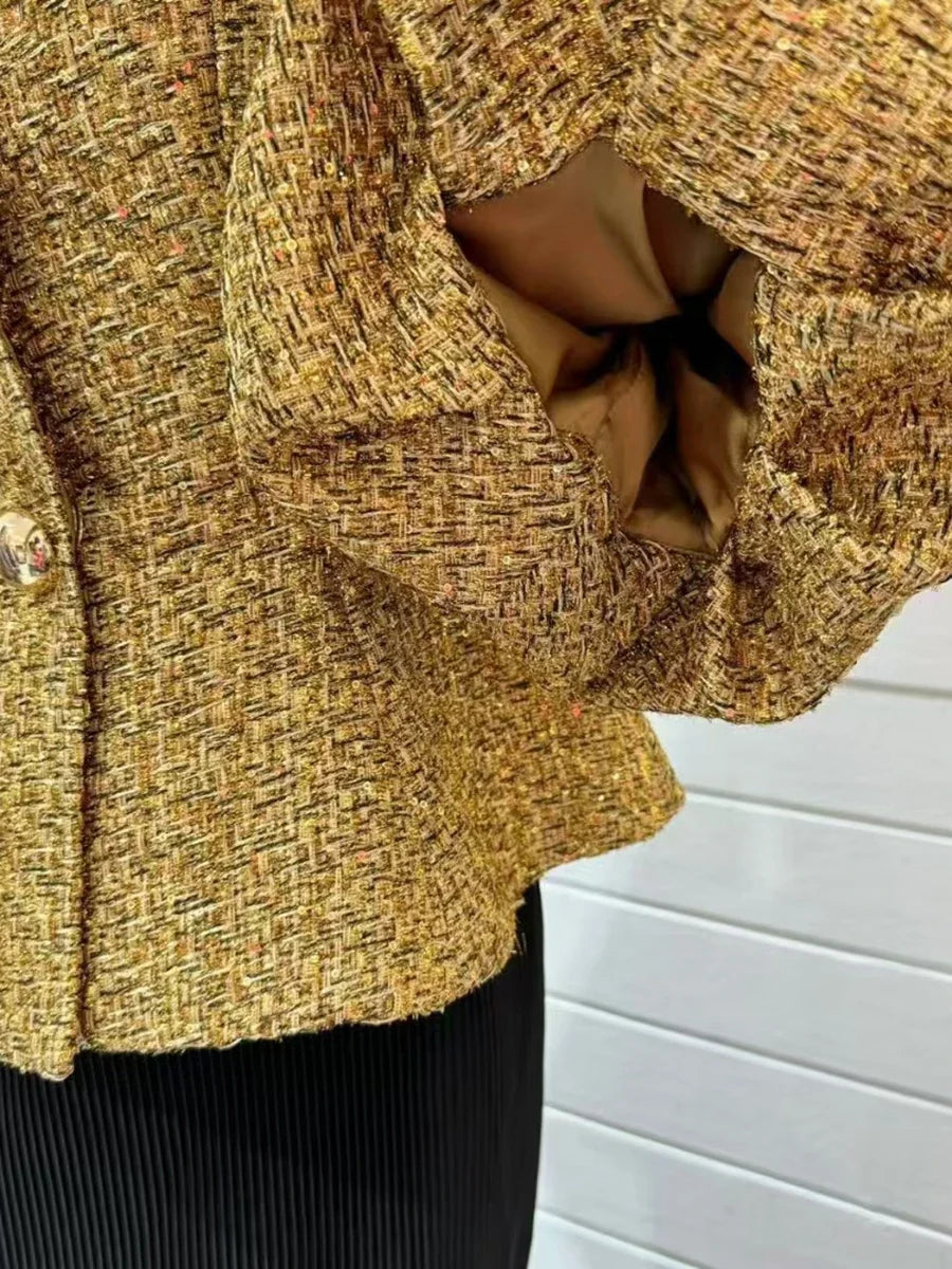 Women's Gold Metallic Tweed Peplum Jacket
